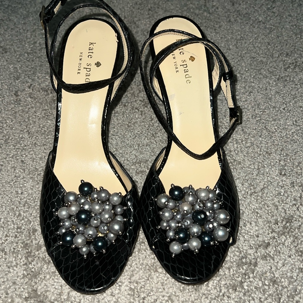 Kate Spade Heels Shoes 7.5 Black Open Toe Gray Blue Pearls Leather Slingback